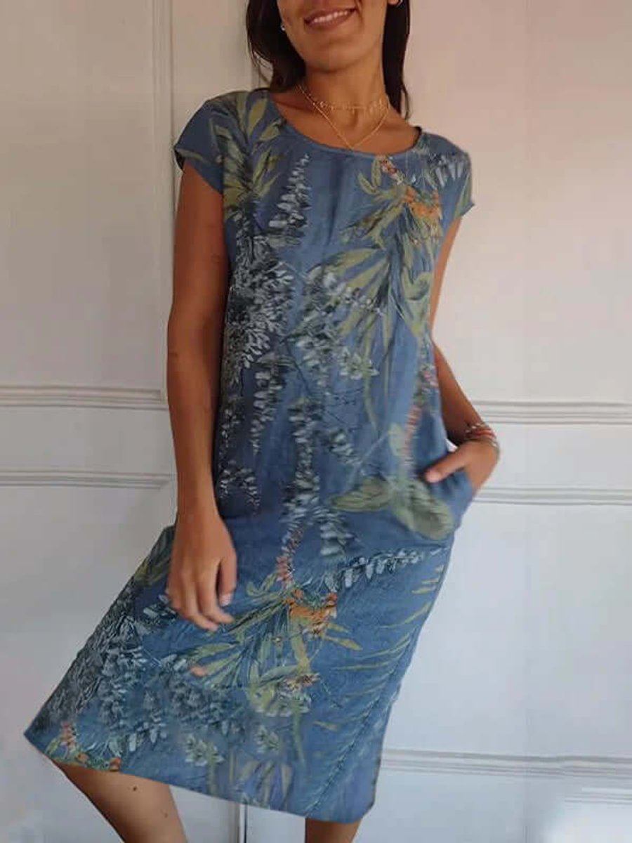 Women's Relaxed-Fit Cotton Linen Tropical Print Fall Midi Dress