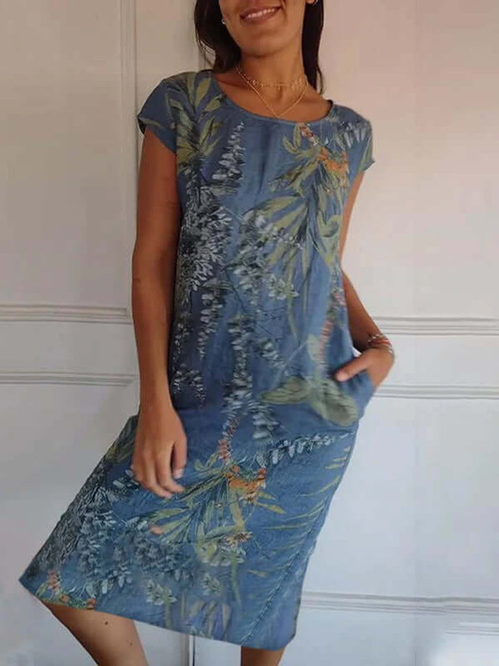 Women's Relaxed-Fit Cotton Linen Tropical Print Fall Midi Dress