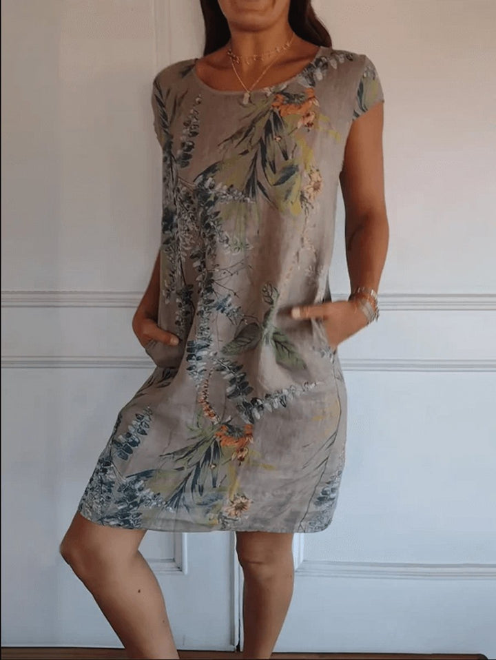 Women's Relaxed-Fit Cotton Linen Tropical Print Fall Midi Dress