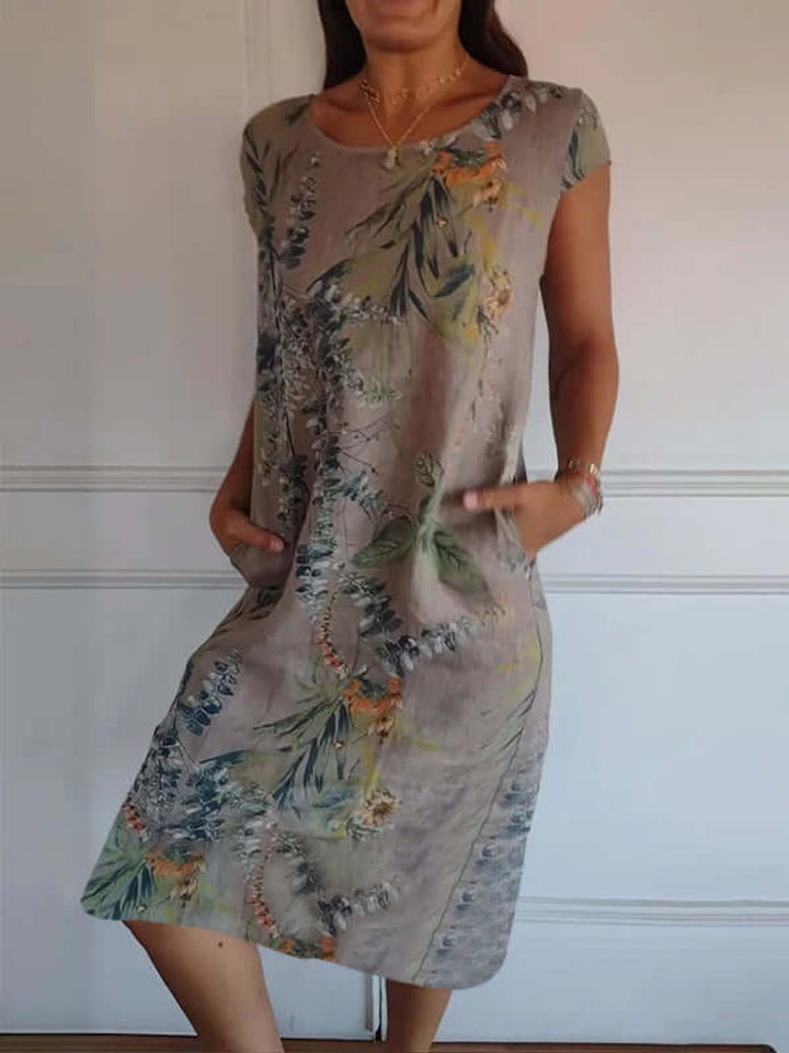 Women's Relaxed-Fit Cotton Linen Tropical Print Fall Midi Dress