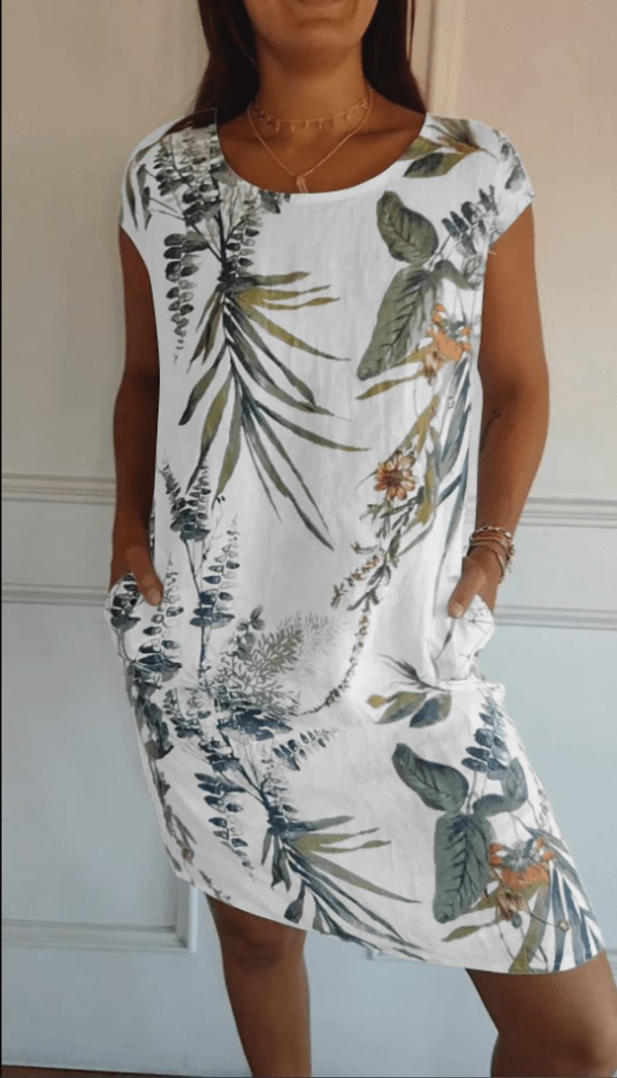 Women's Relaxed-Fit Cotton Linen Tropical Print Fall Midi Dress