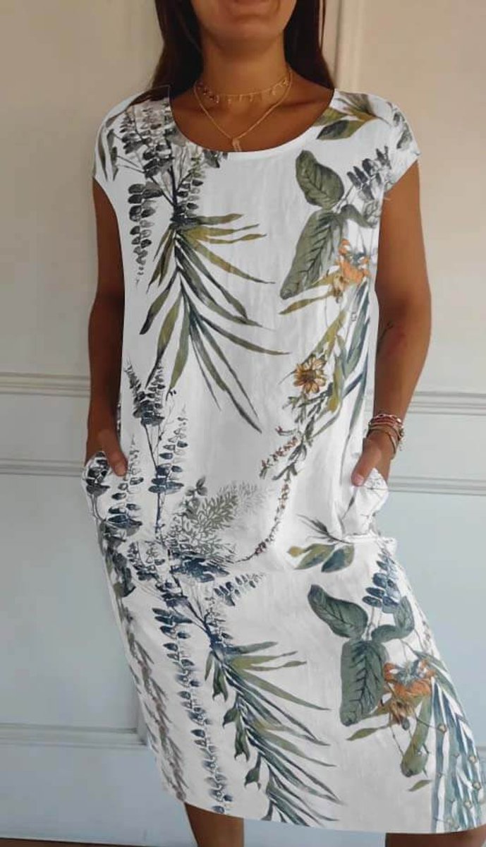 Women's Relaxed-Fit Cotton Linen Tropical Print Fall Midi Dress