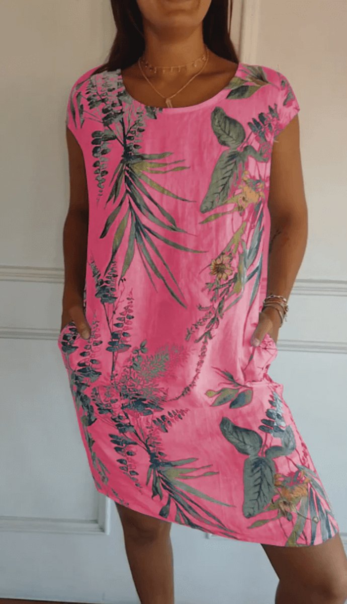 Women's Relaxed-Fit Cotton Linen Tropical Print Fall Midi Dress