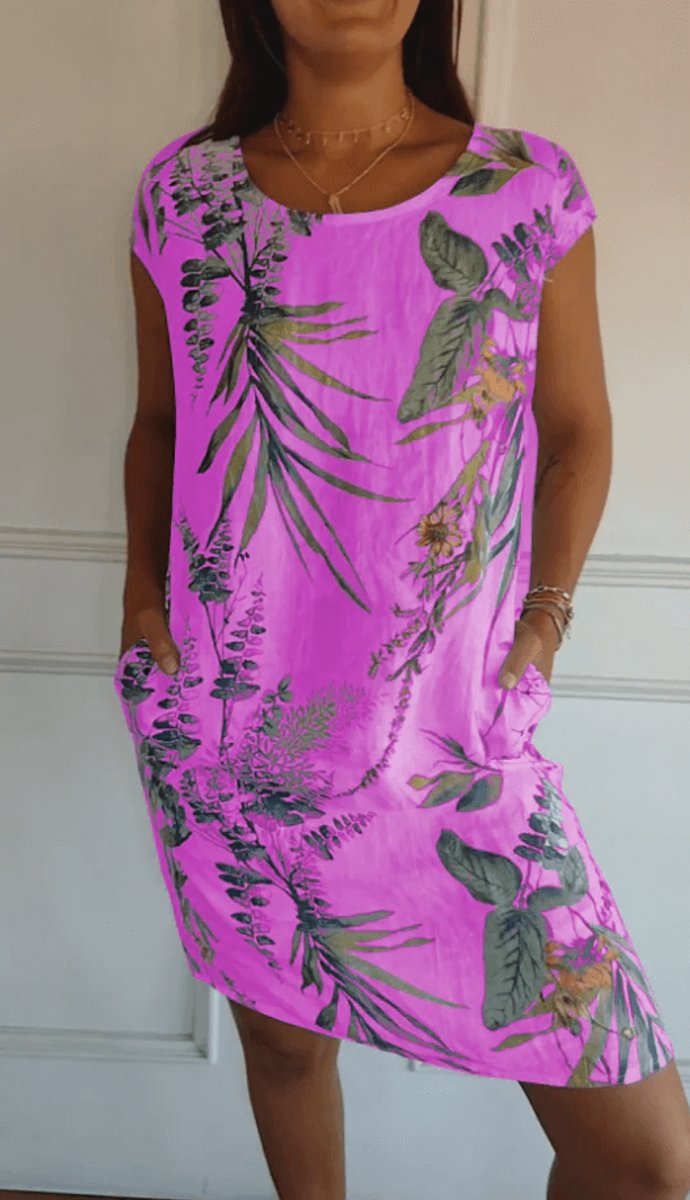 Women's Relaxed-Fit Cotton Linen Tropical Print Fall Midi Dress