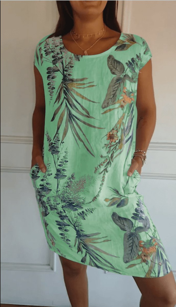 Women's Relaxed-Fit Cotton Linen Tropical Print Fall Midi Dress