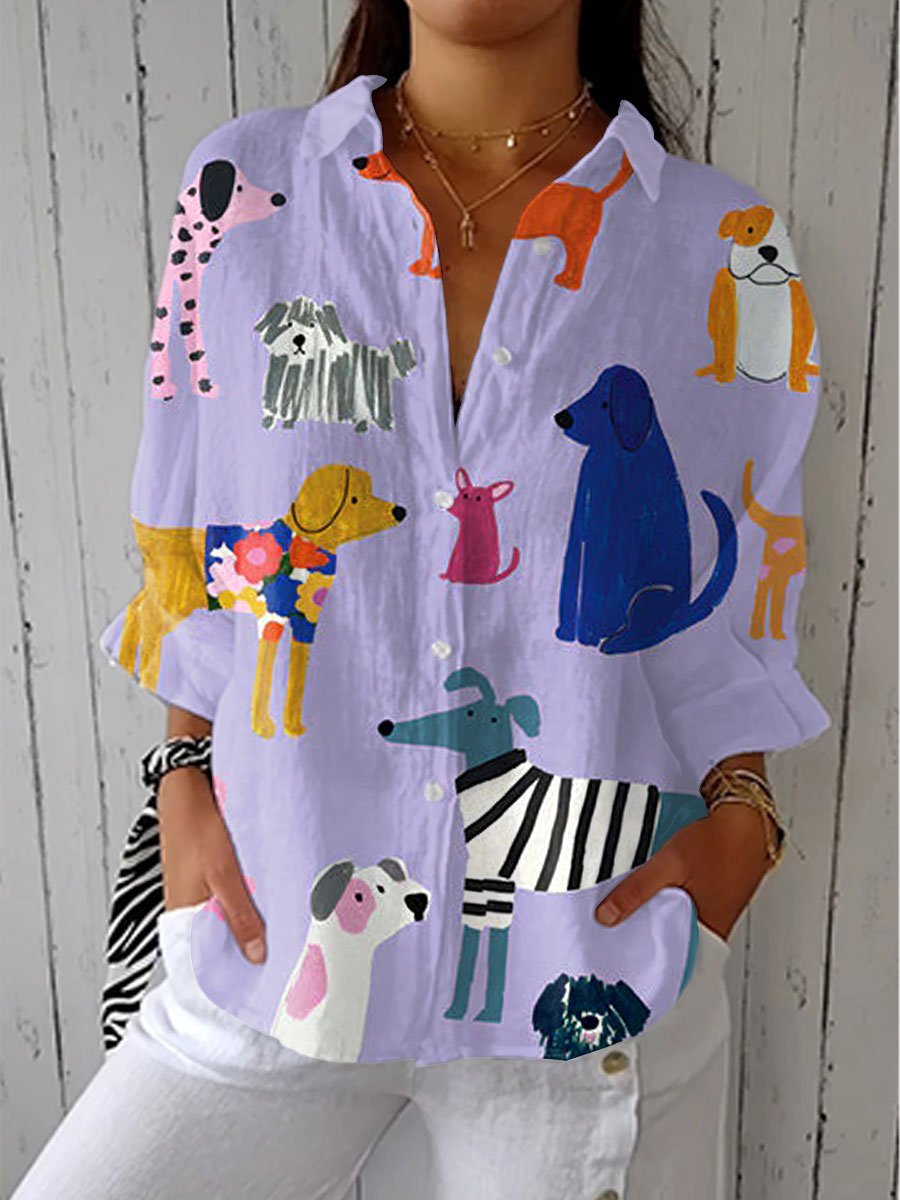 Women's Relaxed-Fit Dog Print Button-Down Long Sleeve Blouse