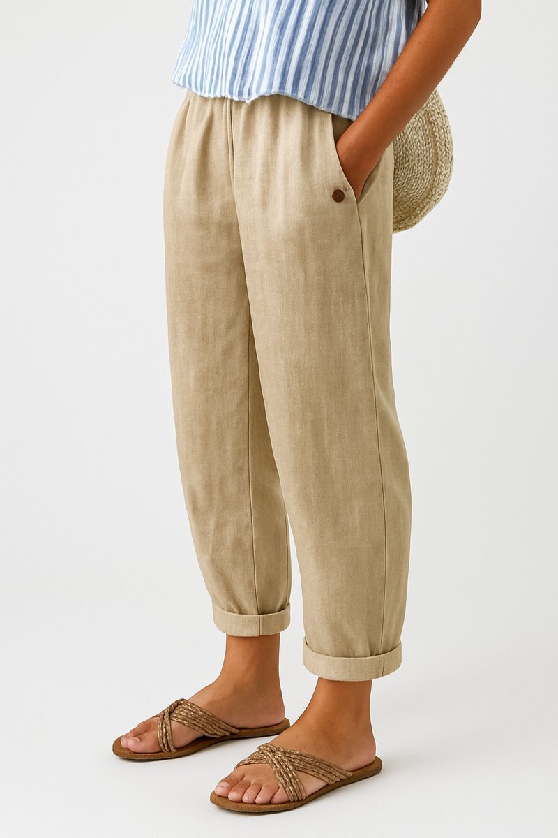Women's Relaxed-Fit Elastic-Waist Cuffed Linen Pants