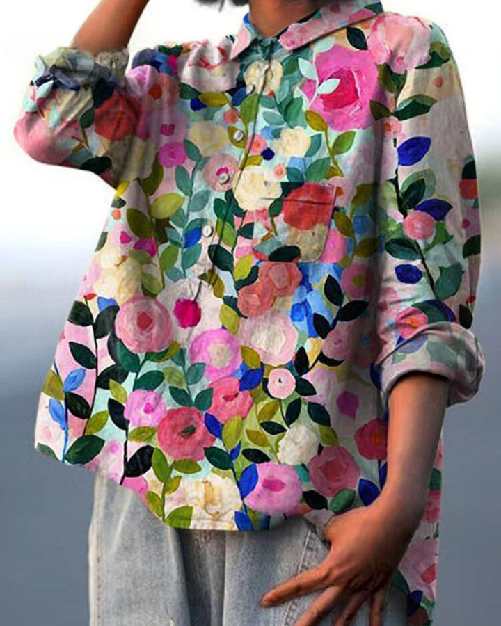 Women's Relaxed-Fit Floral Button-Down Long-Sleeve Blouse