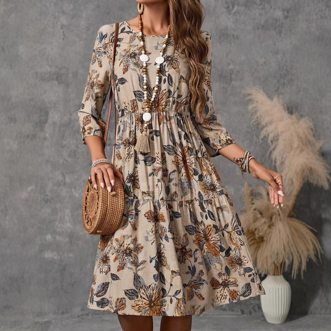 Women's Relaxed-Fit Floral Fall Midi Dress 3/4 Sleeve Tiered