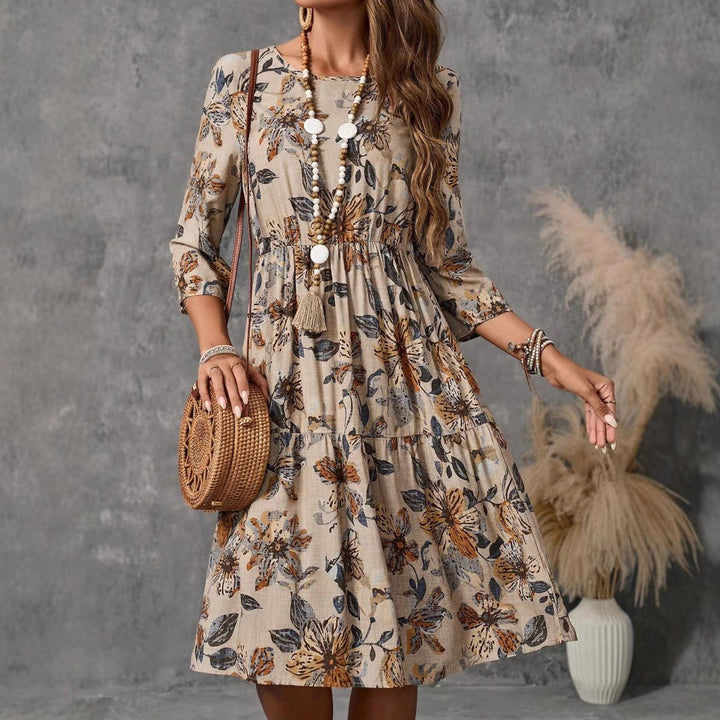 Women's Relaxed-Fit Floral Fall Midi Dress 3/4 Sleeve Tiered