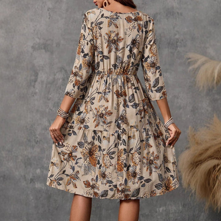 Women's Relaxed-Fit Floral Fall Midi Dress 3/4 Sleeve Tiered