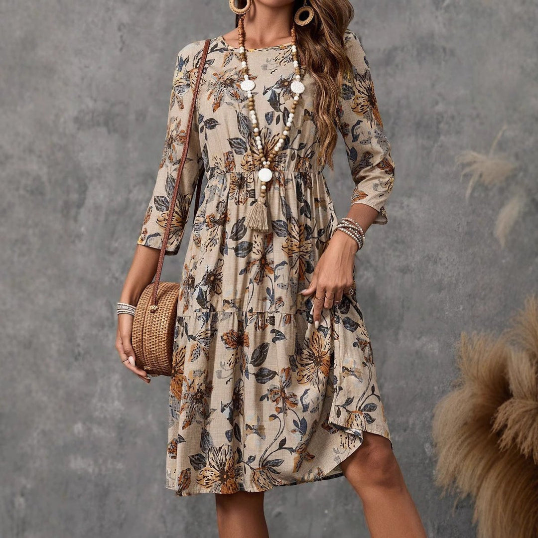 Women's Relaxed-Fit Floral Fall Midi Dress 3/4 Sleeve Tiered