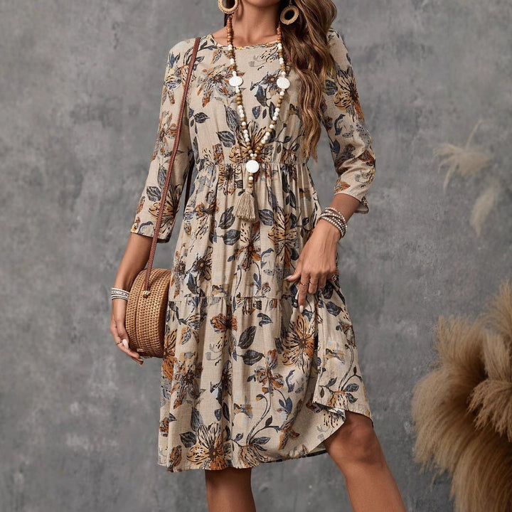 Women's Relaxed-Fit Floral Fall Midi Dress 3/4 Sleeve Tiered