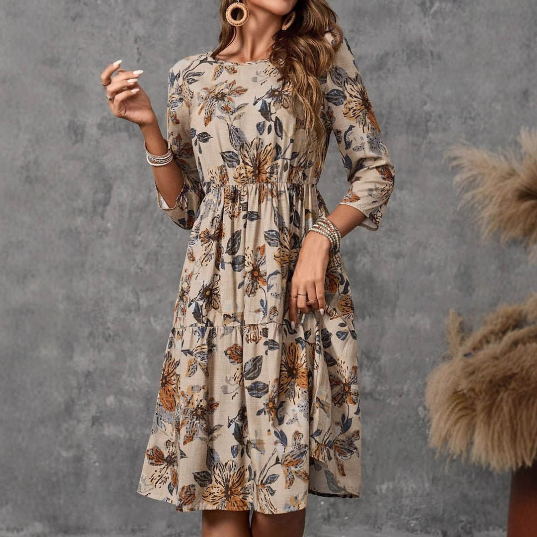 Women's Relaxed-Fit Floral Fall Midi Dress 3/4 Sleeve Tiered