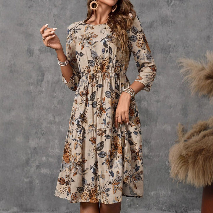 Women's Relaxed-Fit Floral Fall Midi Dress 3/4 Sleeve Tiered