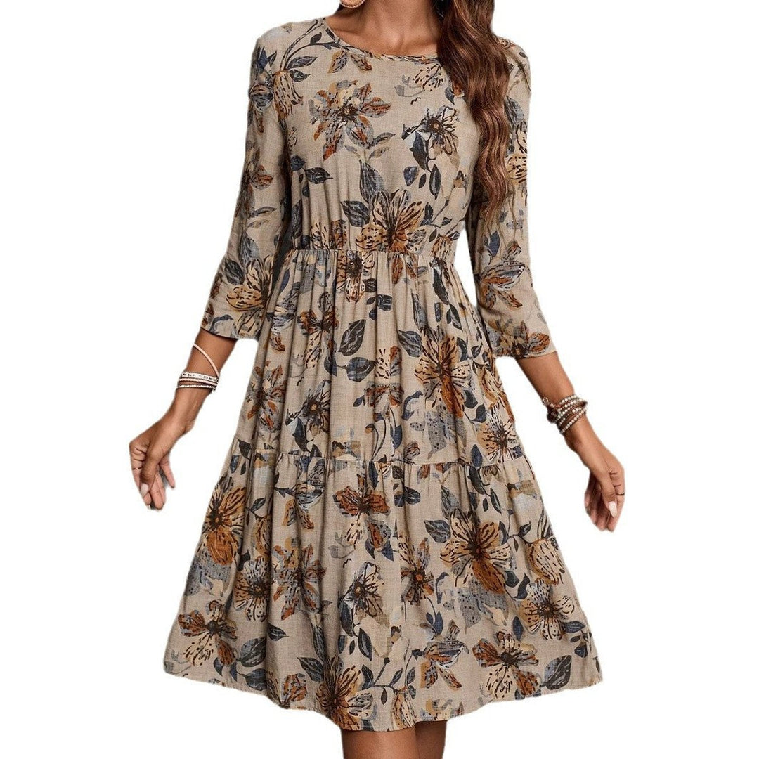 Women's Relaxed-Fit Floral Fall Midi Dress 3/4 Sleeve Tiered