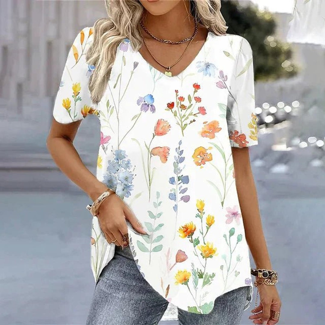 Women's Relaxed-Fit Floral Print Short-Sleeve V-Neck Top
