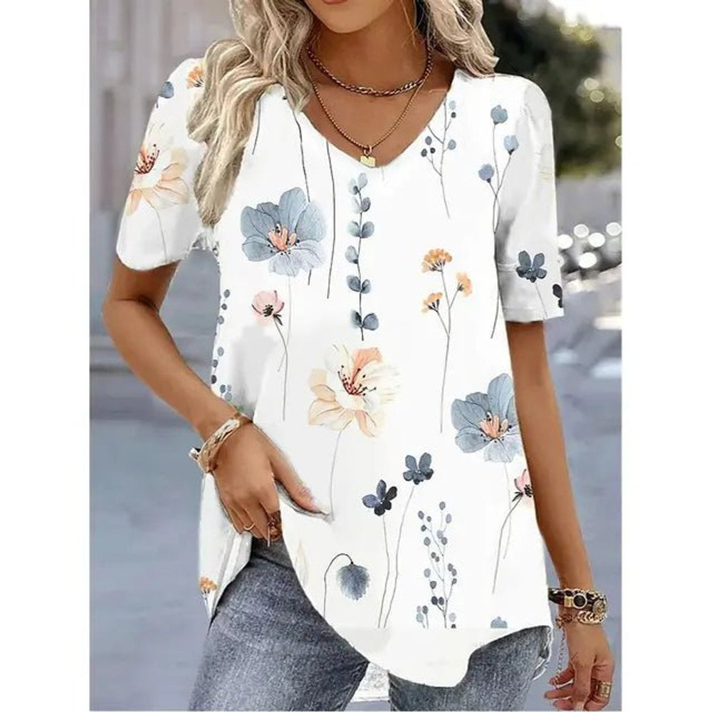 Women's Relaxed-Fit Floral Print Short-Sleeve V-Neck Top