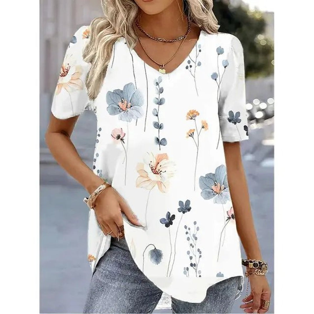 Women's Relaxed-Fit Floral Print Short-Sleeve V-Neck Top