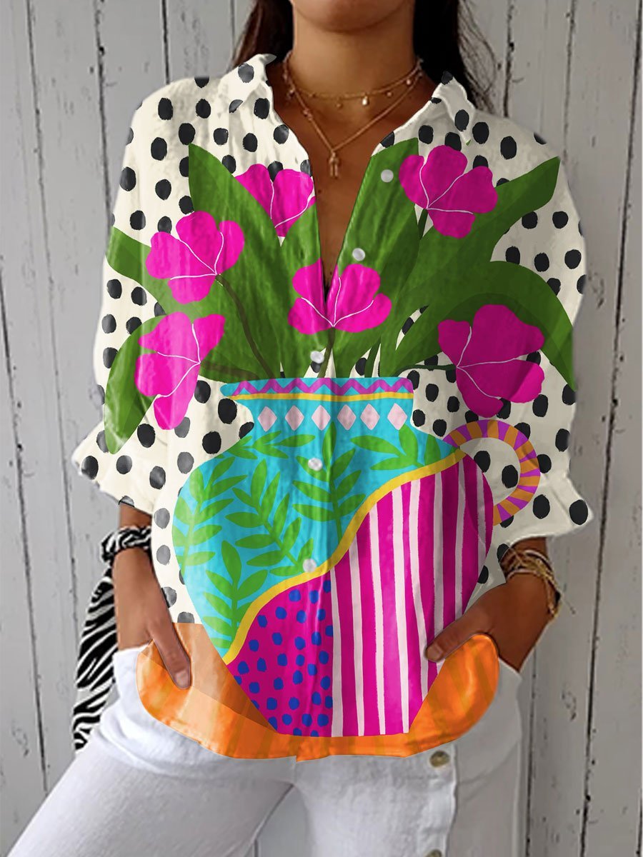 Women's Relaxed-Fit Floral Vase Polka Dot Button-Down Blouse