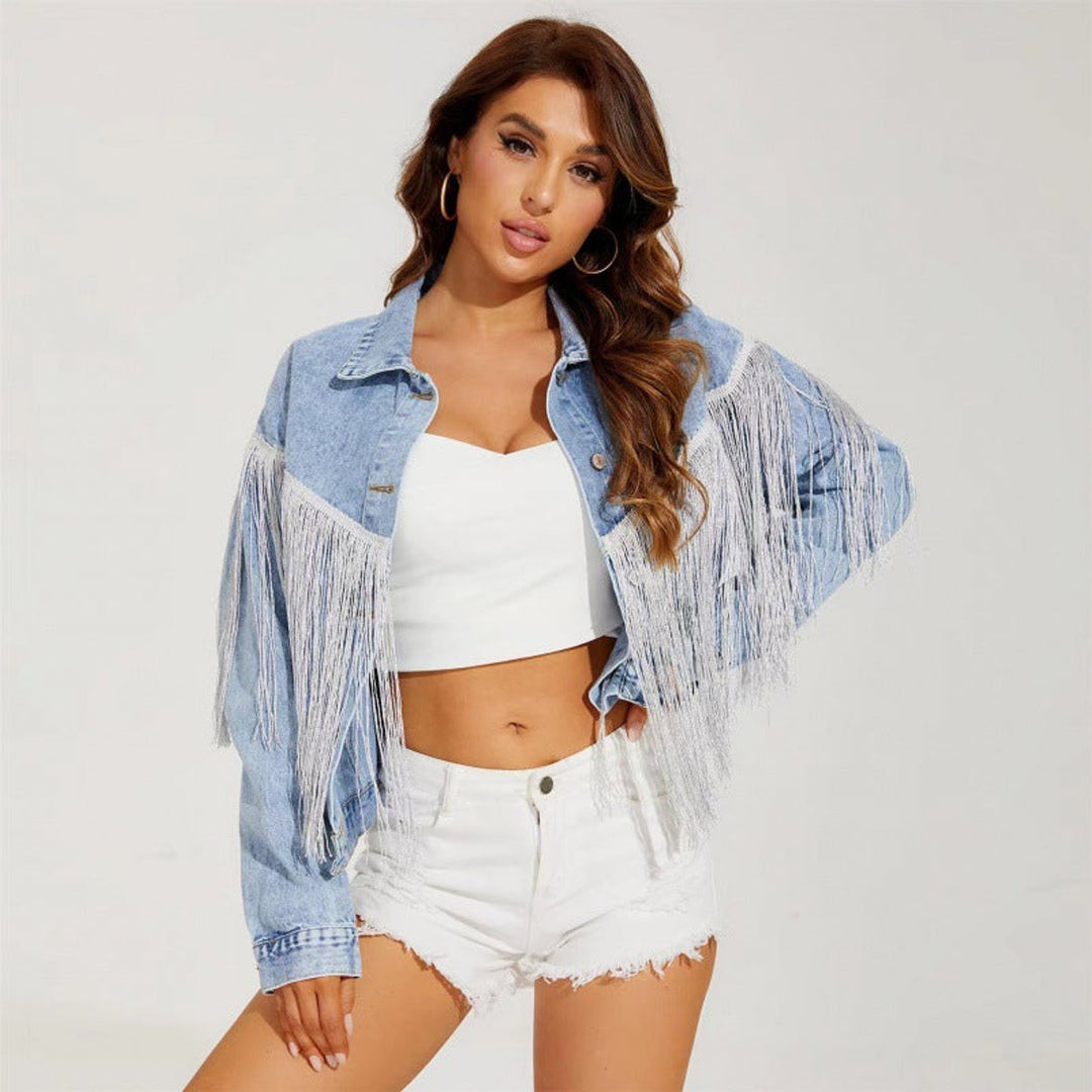 Women's Relaxed-Fit Fringe-Trim Cropped Denim Jacket