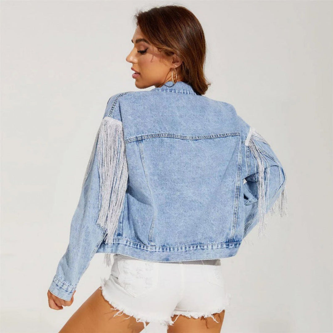 Women's Relaxed-Fit Fringe-Trim Cropped Denim Jacket