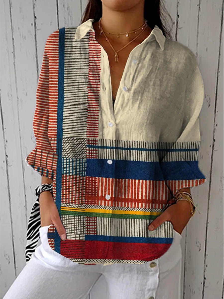 Women's Relaxed-Fit Geometric Print Long-Sleeve Button-Down Blouse