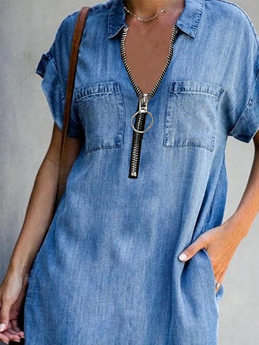 Women's Relaxed-Fit Half-Zip Denim Fall Midi Dress Short Sleeve