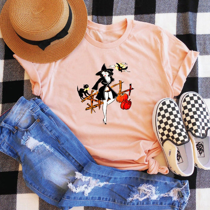 Women's Relaxed-Fit Halloween Graphic Witch Print T-Shirt - Pink