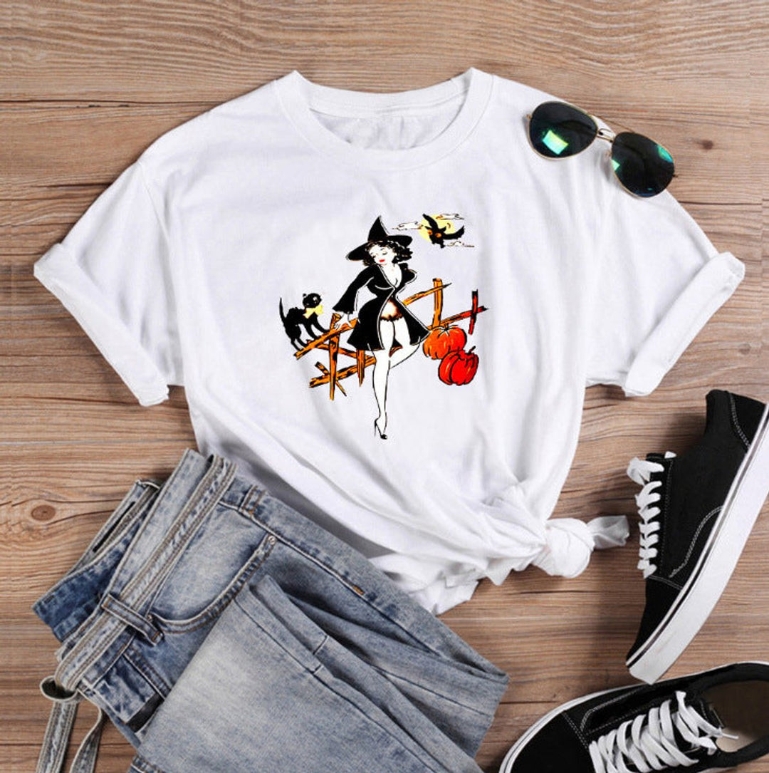 Women's Relaxed-Fit Halloween Graphic Witch Print T-Shirt - White