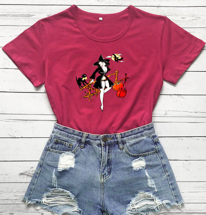 Women's Relaxed-Fit Halloween Graphic Witch Print T-Shirt - Burgundy