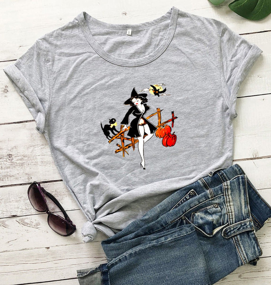 Women's Relaxed-Fit Halloween Graphic Witch Print T-Shirt - Light Gray
