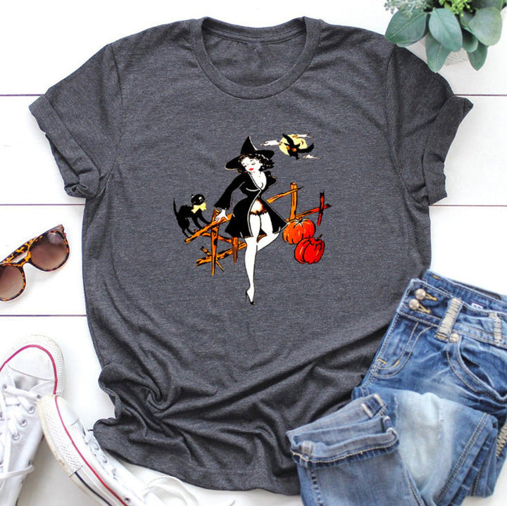 Women's Relaxed-Fit Halloween Graphic Witch Print T-Shirt - Dark Gray