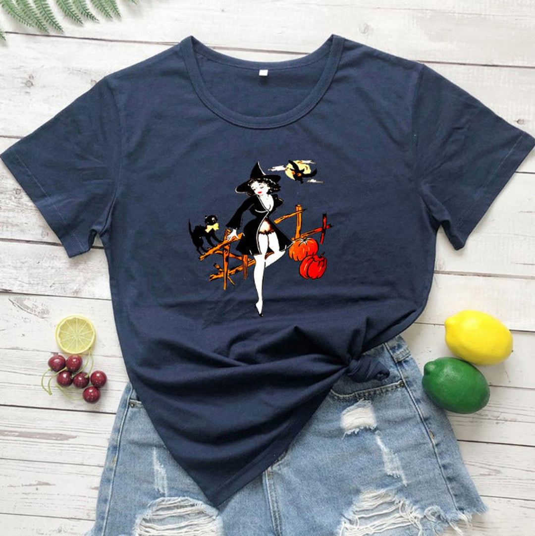 Women's Relaxed-Fit Halloween Graphic Witch Print T-Shirt - Navy