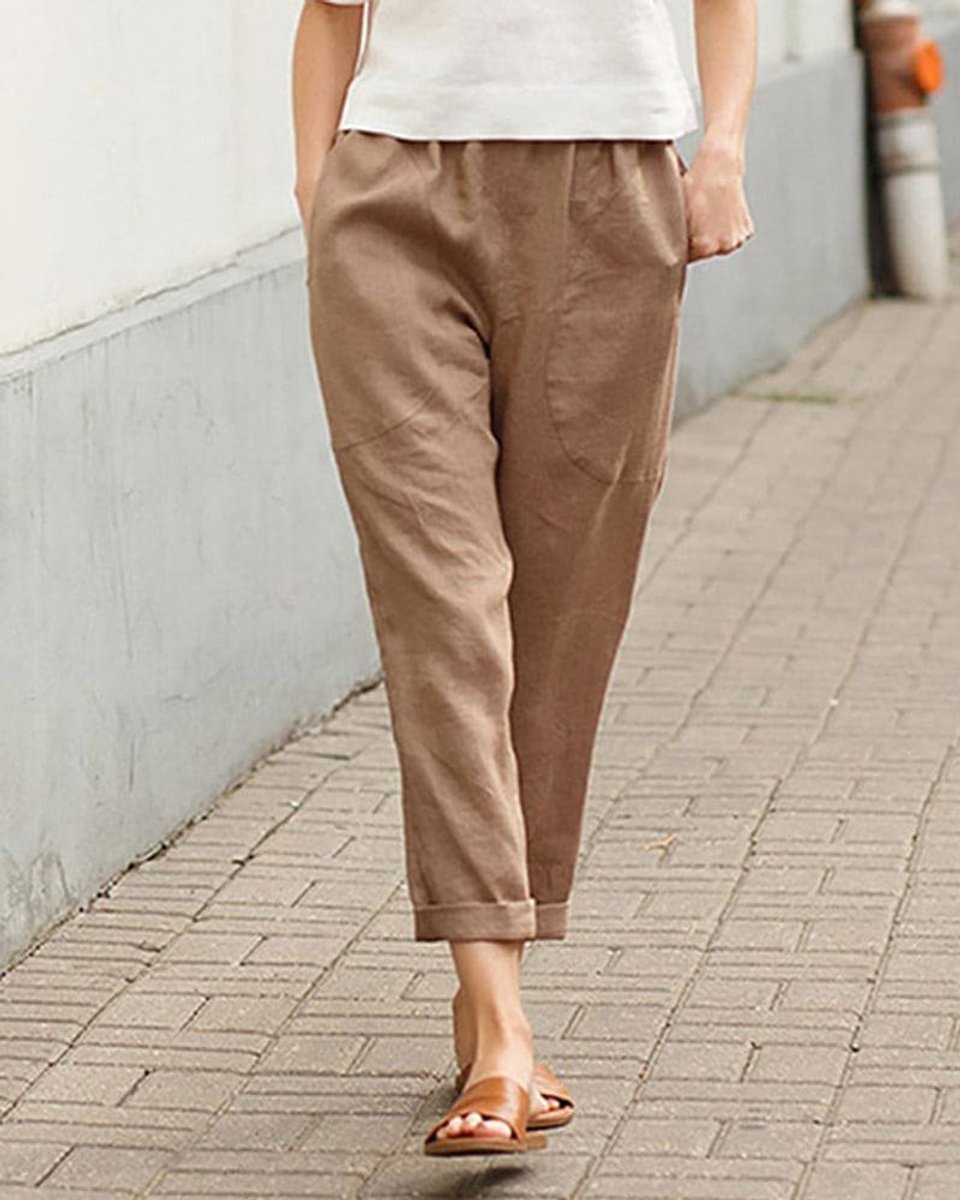 Women's Relaxed-Fit Linen-Cotton Elastic-Waist Tapered Pants