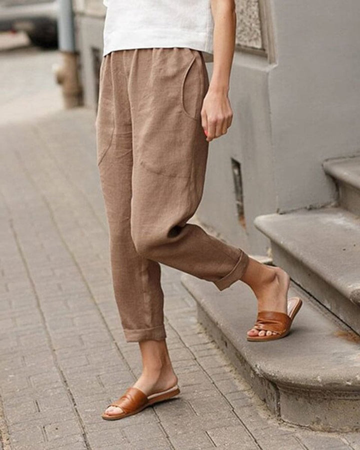 Women's Relaxed-Fit Linen-Cotton Elastic-Waist Tapered Pants