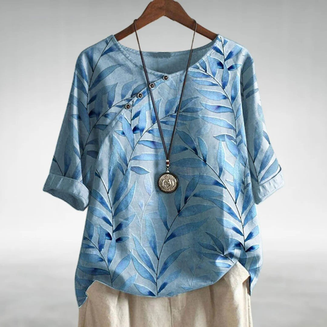 Women's Relaxed-Fit Linen Leaf-Print Short-Sleeve Blouse