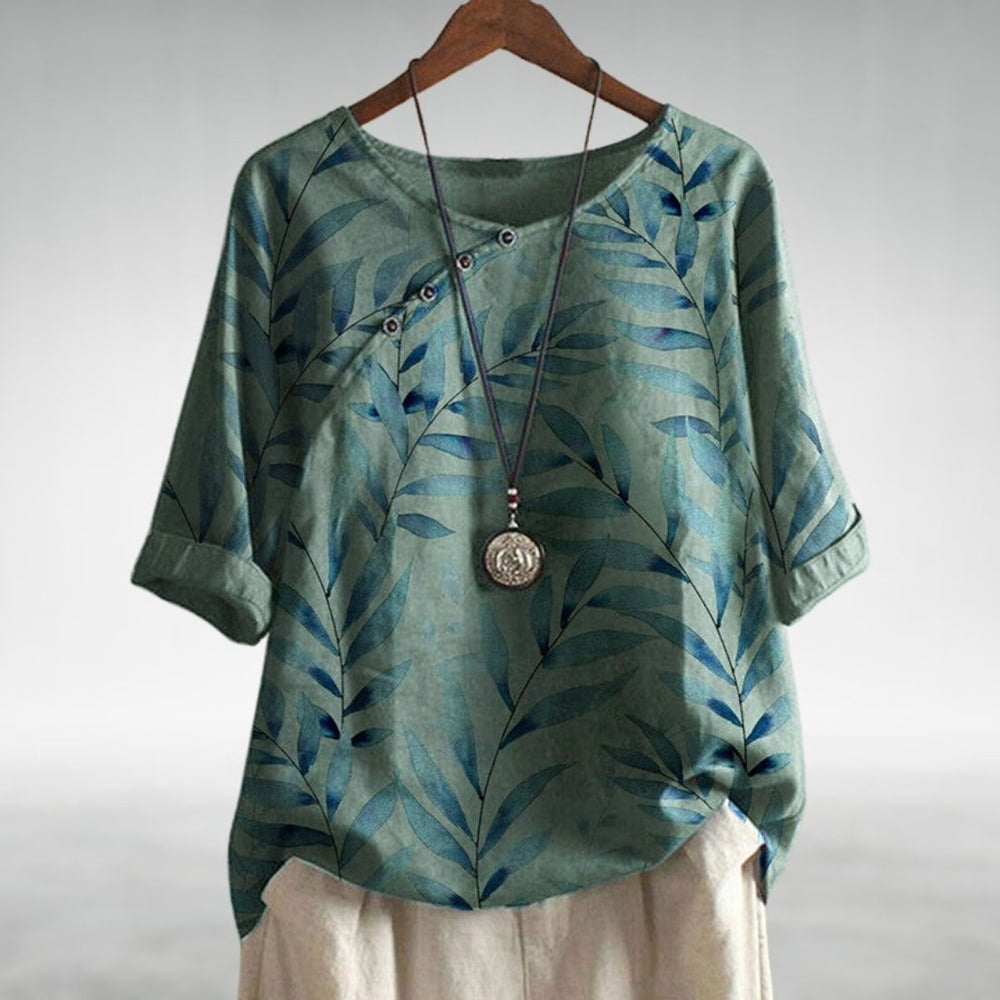 Women's Relaxed-Fit Linen Leaf-Print Short-Sleeve Blouse