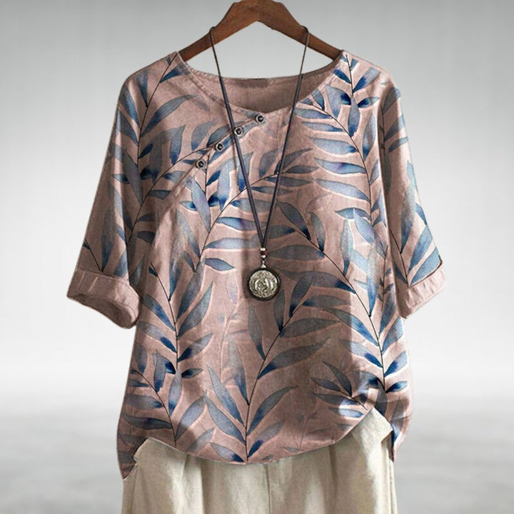 Women's Relaxed-Fit Linen Leaf-Print Short-Sleeve Blouse
