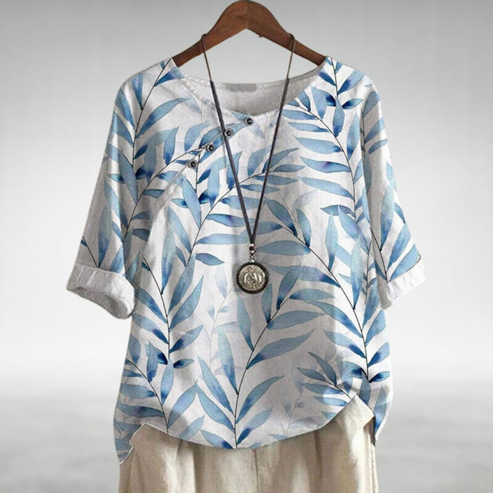Women's Relaxed-Fit Linen Leaf-Print Short-Sleeve Blouse