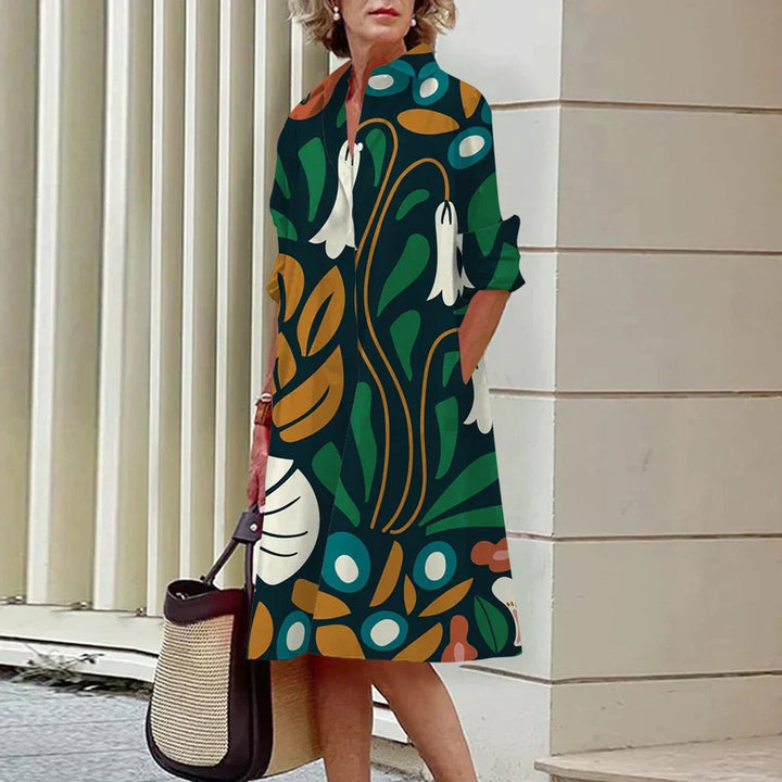 Women's Relaxed-Fit Long-Sleeve Botanical Print Fall Midi Dress