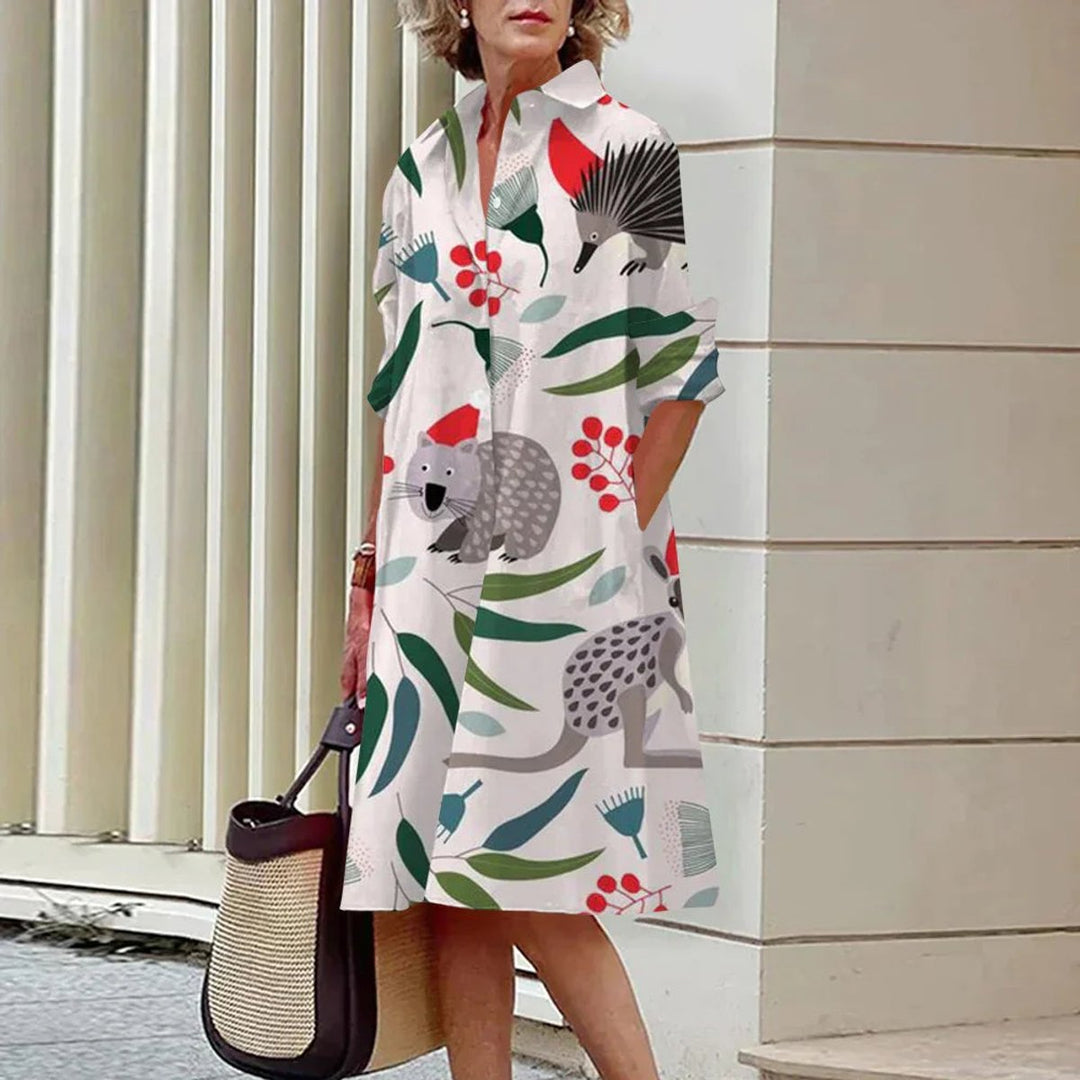 Women's Relaxed-Fit Long-Sleeve Botanical Print Fall Midi Dress