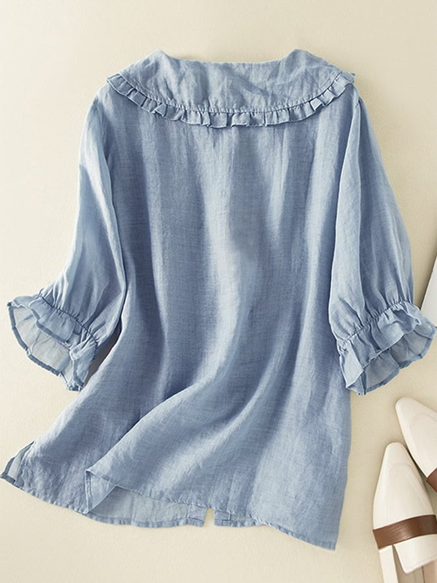 Women's Relaxed-Fit Ruffle Peter Pan Collar Button-Up Blouse
