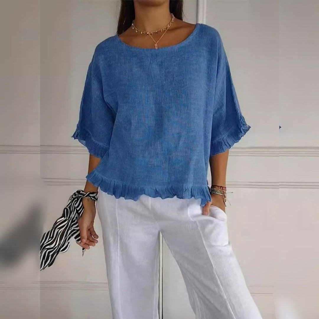 Women's Relaxed-Fit Ruffled Hem Linen Blouse