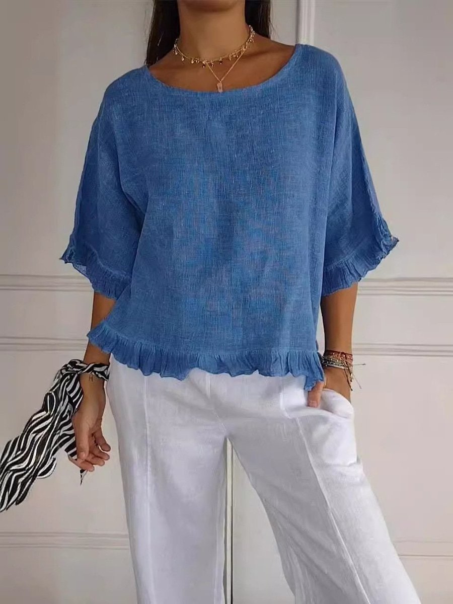 Women's Relaxed-Fit Ruffled Hem Linen Blouse