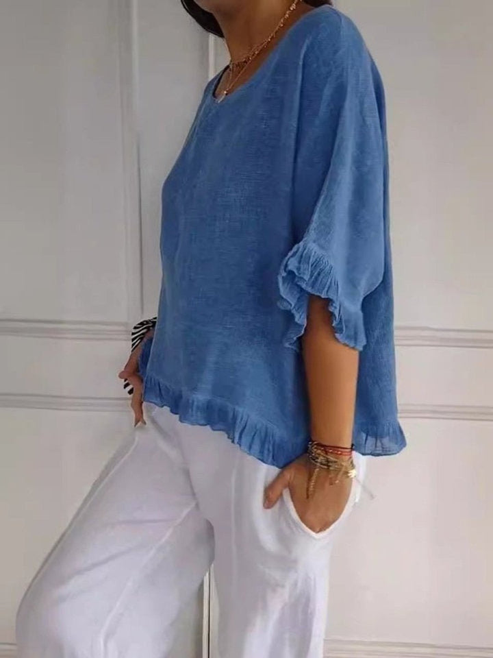 Women's Relaxed-Fit Ruffled Hem Linen Blouse