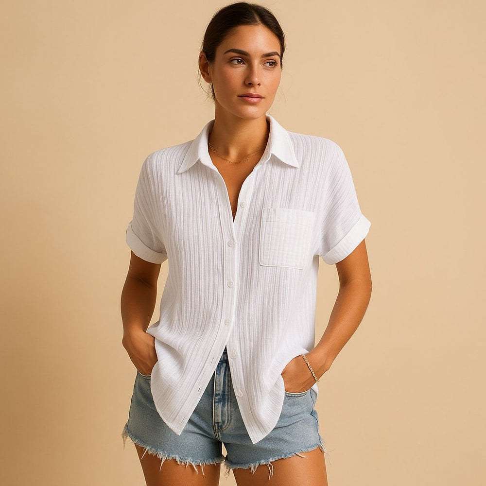 Women's Relaxed-Fit Short-Sleeve Button-Down Cotton Gauze Shirt