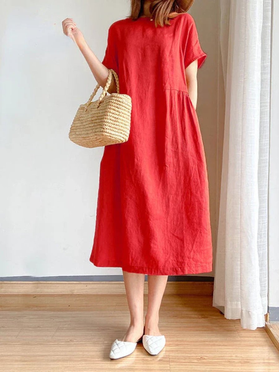 Women's Relaxed-Fit Short-Sleeve Linen Fall Midi Dress