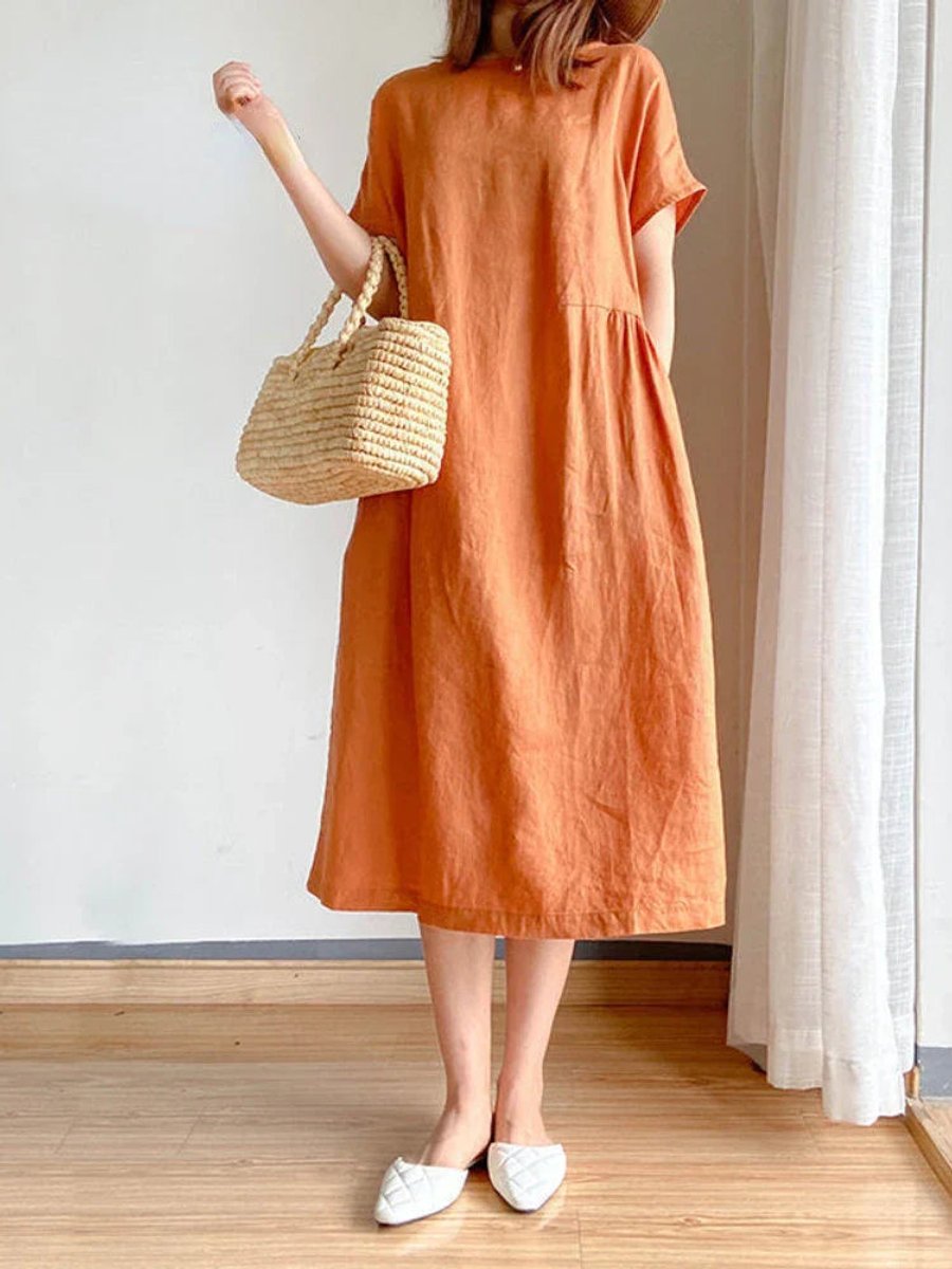 Women's Relaxed-Fit Short-Sleeve Linen Fall Midi Dress