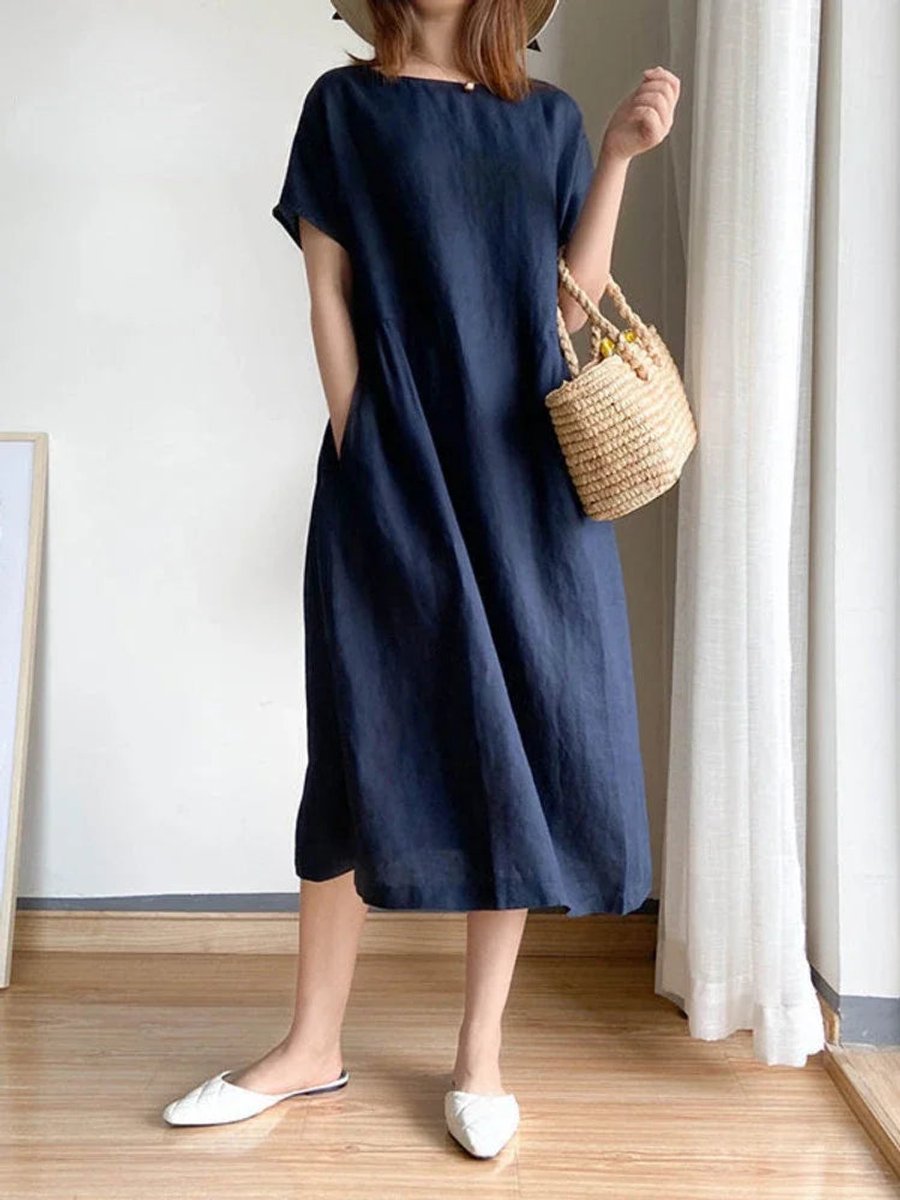 Women's Relaxed-Fit Short-Sleeve Linen Fall Midi Dress